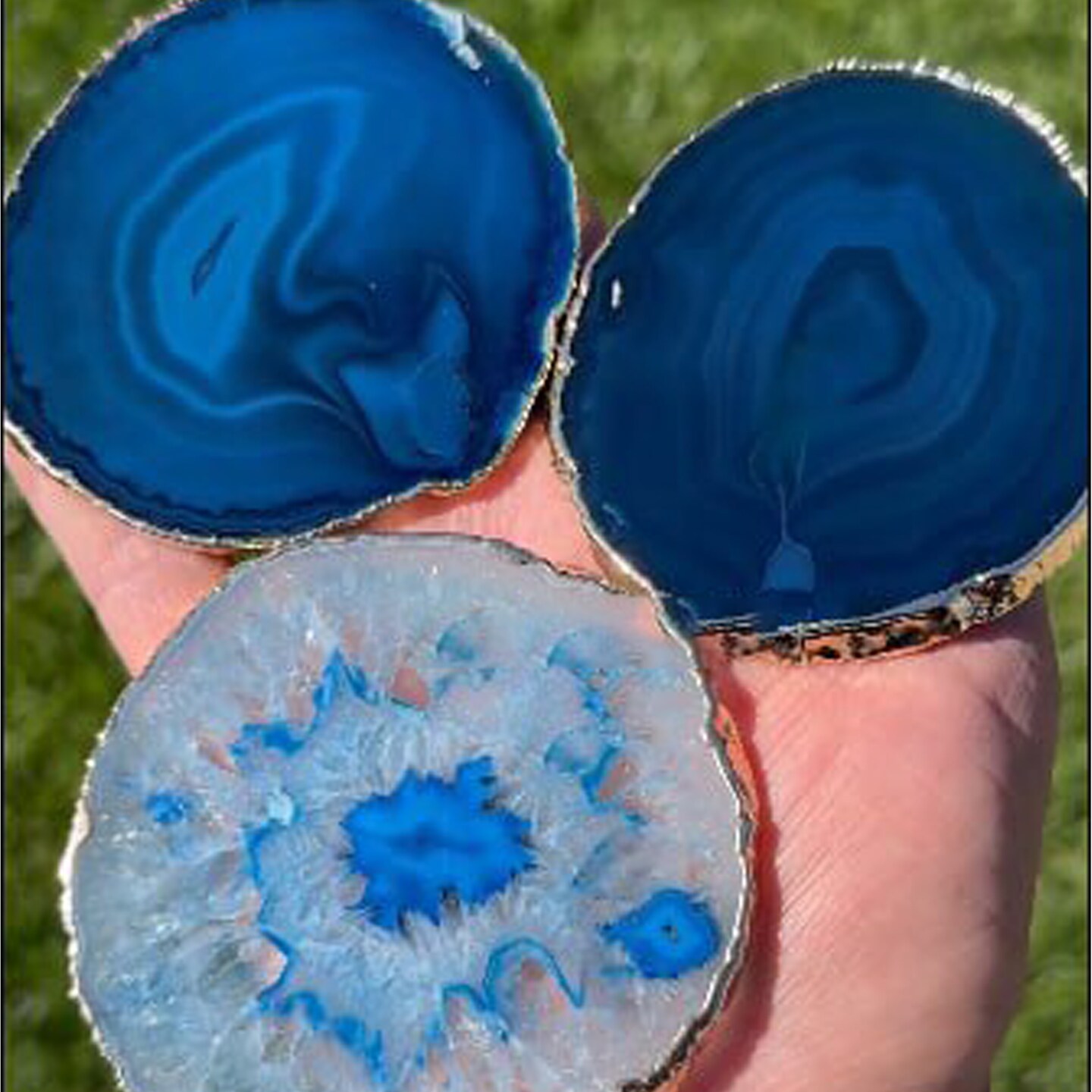 Blue Agate Coasters, Drinkware Coasters, Electroplated Agate Slice Home Décor, Agate Canvas, GemMartUSA (BLCO)