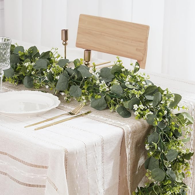 2 Pack Artificial Eucalyptus Garland with Flowers,Faux Greenery Garland Decor 5.9FT Fake Vines Hanging Spring Garlands for Bedroom Wedding Backdrop Arch Wall Centerpiece Table Outdoor Decor