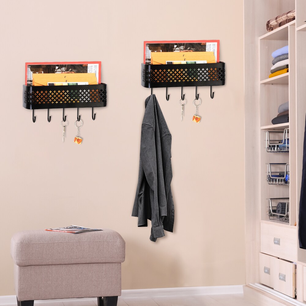 Set of 2 Wall-Mounted Entryway Organizers – Rust-Resistant Steel Key Hooks & Storage Shelf with 5 Hooks, Compact 11"x3"x3" Design for Mail, Keys, Essentials