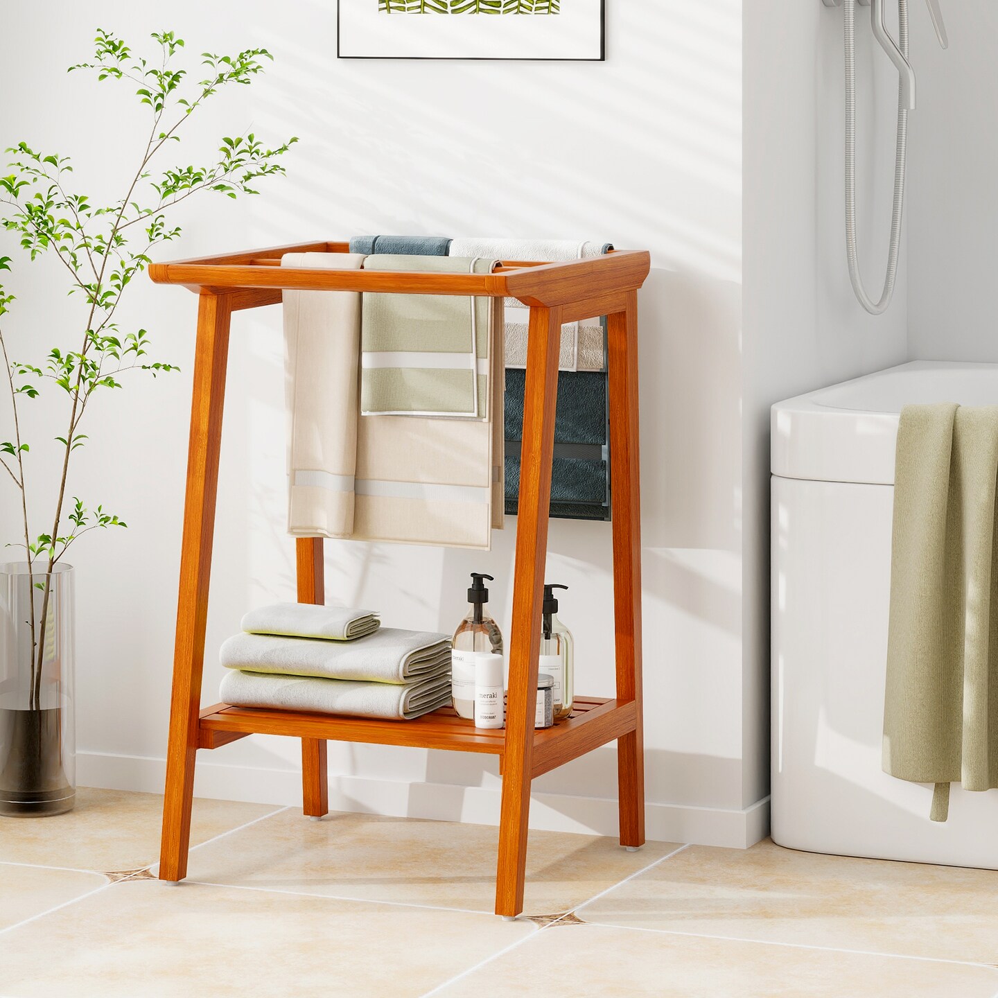 Solid Teak Wood Freestanding Towel Rack with Shelf – 5 Bars, 31.5” H