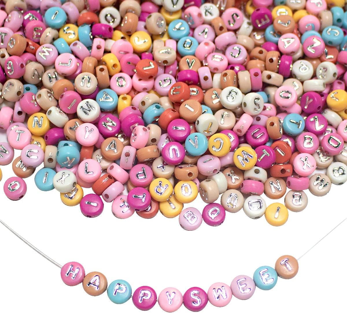 1200pcs Acrylic Colorfull Letter Beads for Jewelry Making Alphabet Beads with Elastic String Bead Cord 7x4mm A-Z Silver Letter Beads for DIY Necklace Friendship Bracelet Making