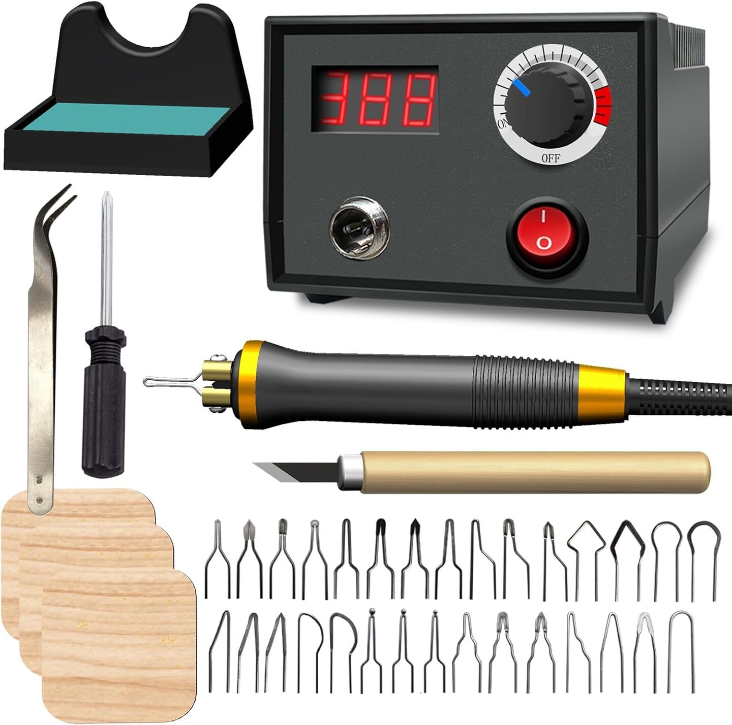 LH30-1 wood burning tool,wood burning kit pen 25~750&#x2103;,professional wood burning kit,with digital thermometer temperature adjustable temperature,1 wood burning pens, 30 pen tips(LH30-1A pen)