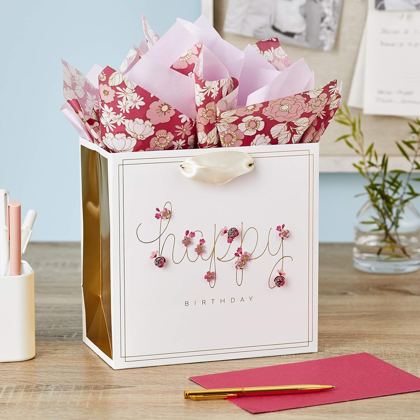 Signature Medium Birthday Gift Bag – 7", Pink Flowers with Tissue Paper