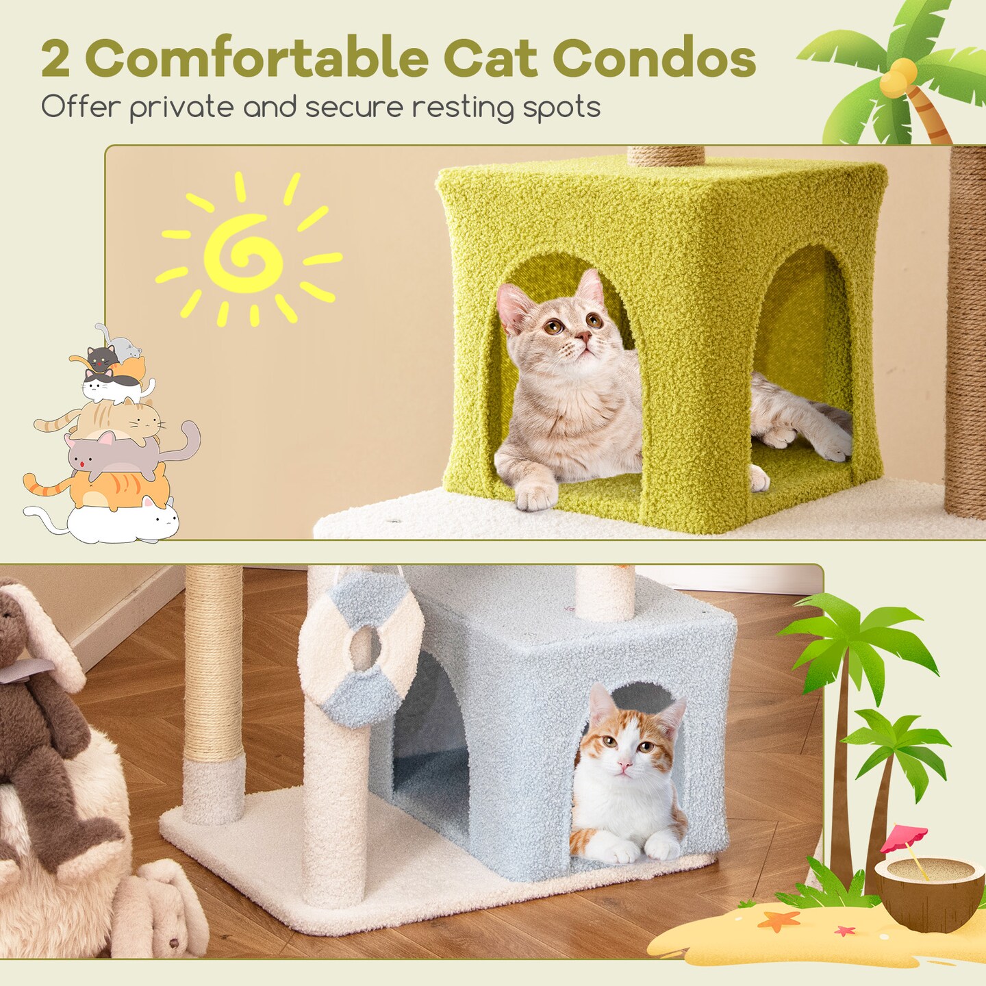 Plush Cat Tree with Condos, Scratching Posts and Beach Theme