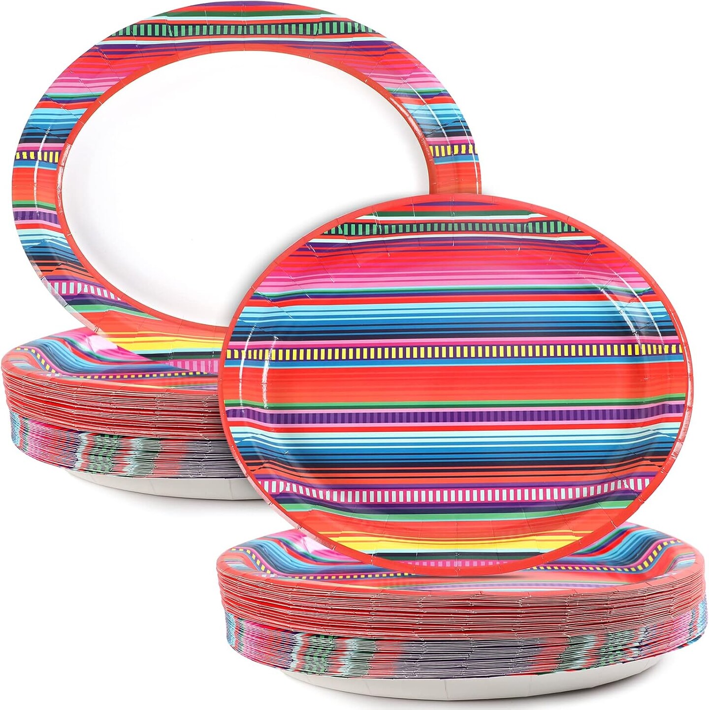 50 PCS Mexican Fiesta Oval Paper Plates Large 11&#x201D; Disposable Fiesta Party Decorations Mexican Floral Stripes Supplies Favor for Cinco De Mayo Dance Pinata Mexico Taco Dinner Party Tableware Set