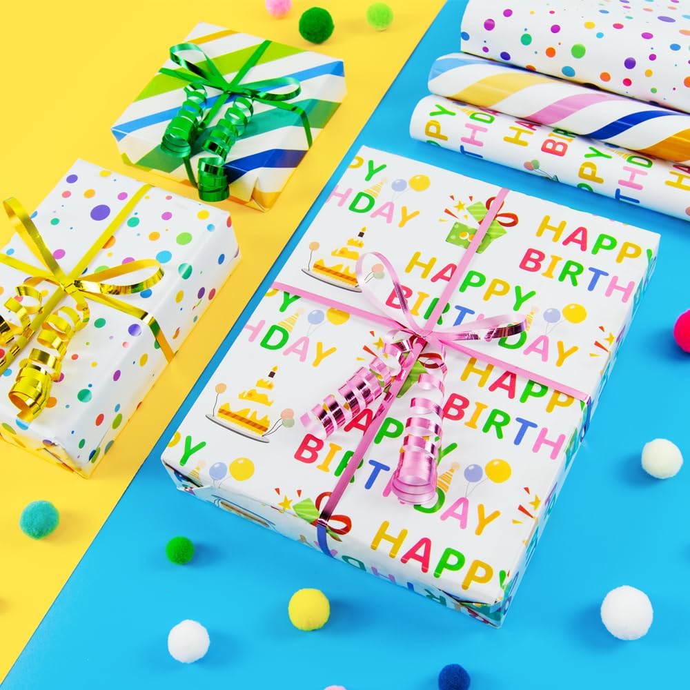 Birthday Wrapping Paper Sheet Set – 12 Sheets, 20x29” Each, Polka Dots, Stripes & “Happy Birthday” Designs for Kids, Adults & Holiday Gifts (Birthday)
