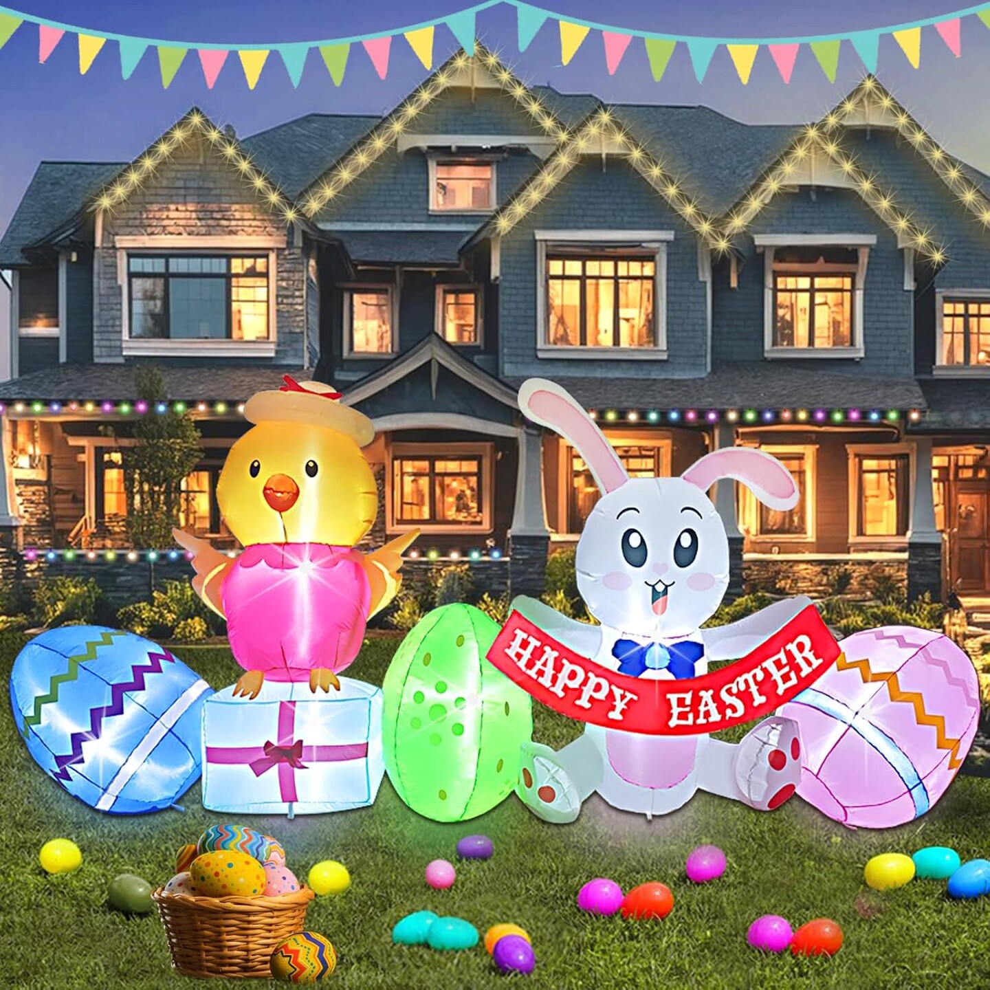 3FT Width Inflatables Easter Rabbit and Chick Outdoor Decor, Happy Easter Bunny and 3 Colorful Eggs Build-in 6 LEDs Decoration Blow Up,for Easter Holiday PartyYard/Garden/Outdoor