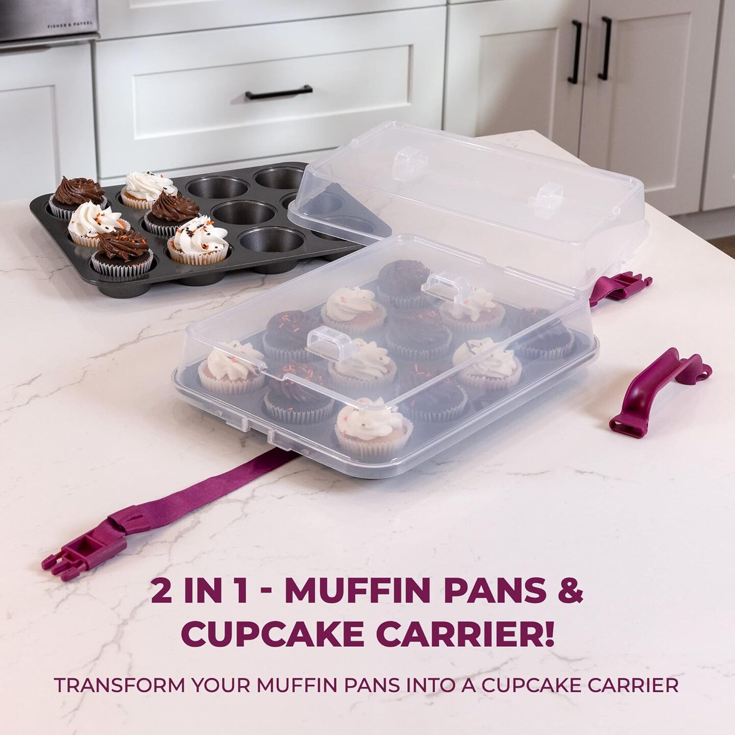 Cupcake Carrier for 24 Cupcakes - Innovative Cupcake Holder includes 2 Cupcake Pans with Lid and Handle - Cupcake Travel Container Carries 12 or 24 Standard-Size Cupcakes for Storage Safely