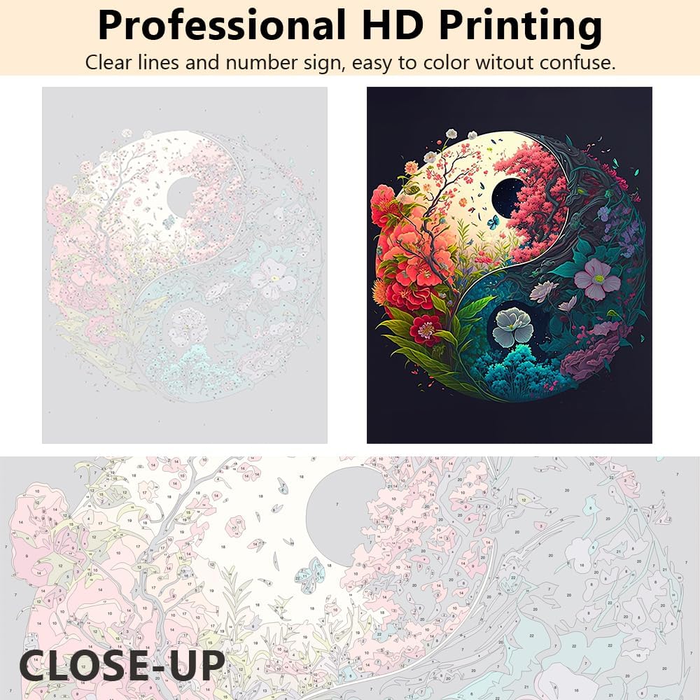 Paint by Numbers for Adults – Yin Yang Floral Canvas Kit, 16x20in