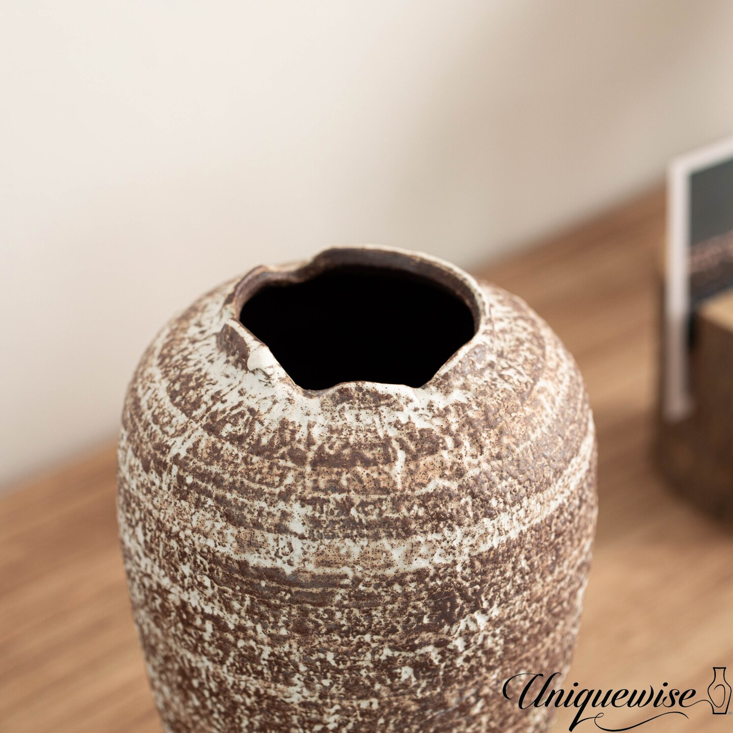 Uniquewise 7-inch Rustic Vase Broken Rim Design Vintage-Inspired Decorative Ceramic Pottery for Shelves Tabletop Centerpieces Entryways Console Tables Farmhouse Boho & Modern Rustic Home Decor Accent