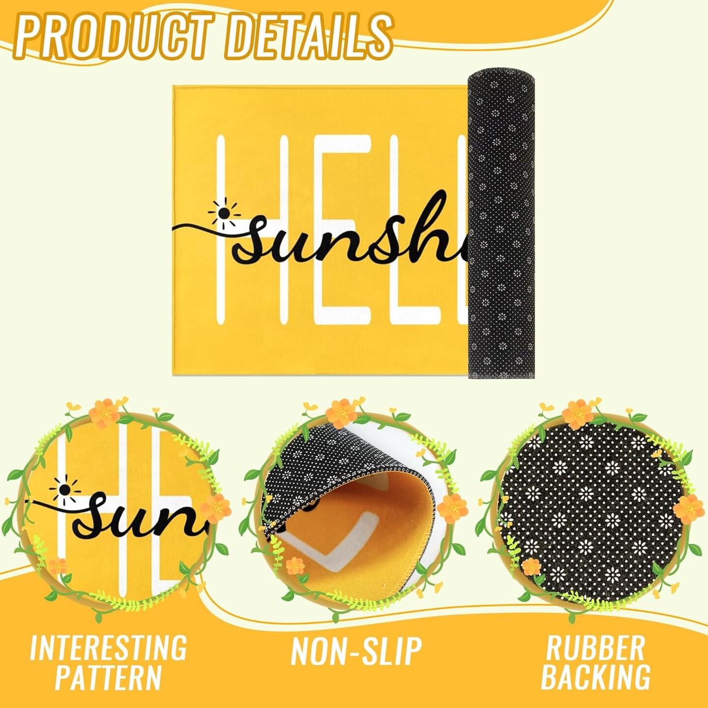 Hello Sunshine Door Mat Summer Doormat 17 X 29 Inch Yellow Doormat Decorative Entrance Mat Non-Slip Rubber Backing Floor Mat Washable Seasonal Welcome Rugs for Indoor Outdoor