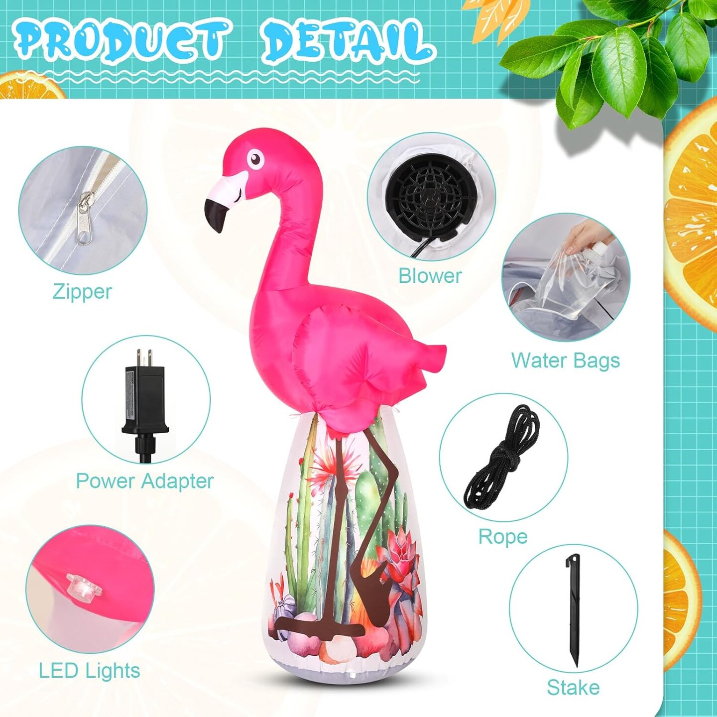 6 Ft Inflatable Flamingo Outdoor Decoration Pre Lit LED Lights Inflatable Pink Outdoor Holiday Yard Decorations Summer Hawaiian Party Supplies Blow up Flamingo for Lawn Beach Yard Home Porch