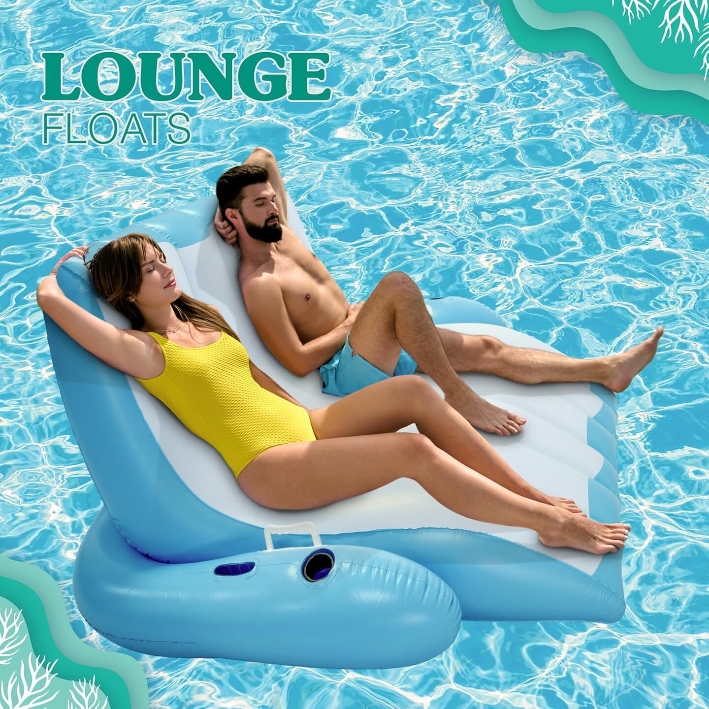 4E&#x27;s Novelty 2 Person Inflatable Pool Recliner with Cup Holders &#x2013; Reclining Pool Lounge Chair for Pool &#x26; Lake Relaxation