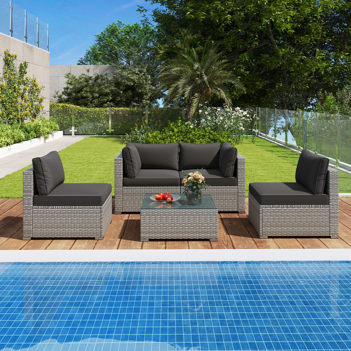 5-Piece Outdoor Patio Furniture Set Including Coffee Table and 4 Rattan Chairs with Cushions