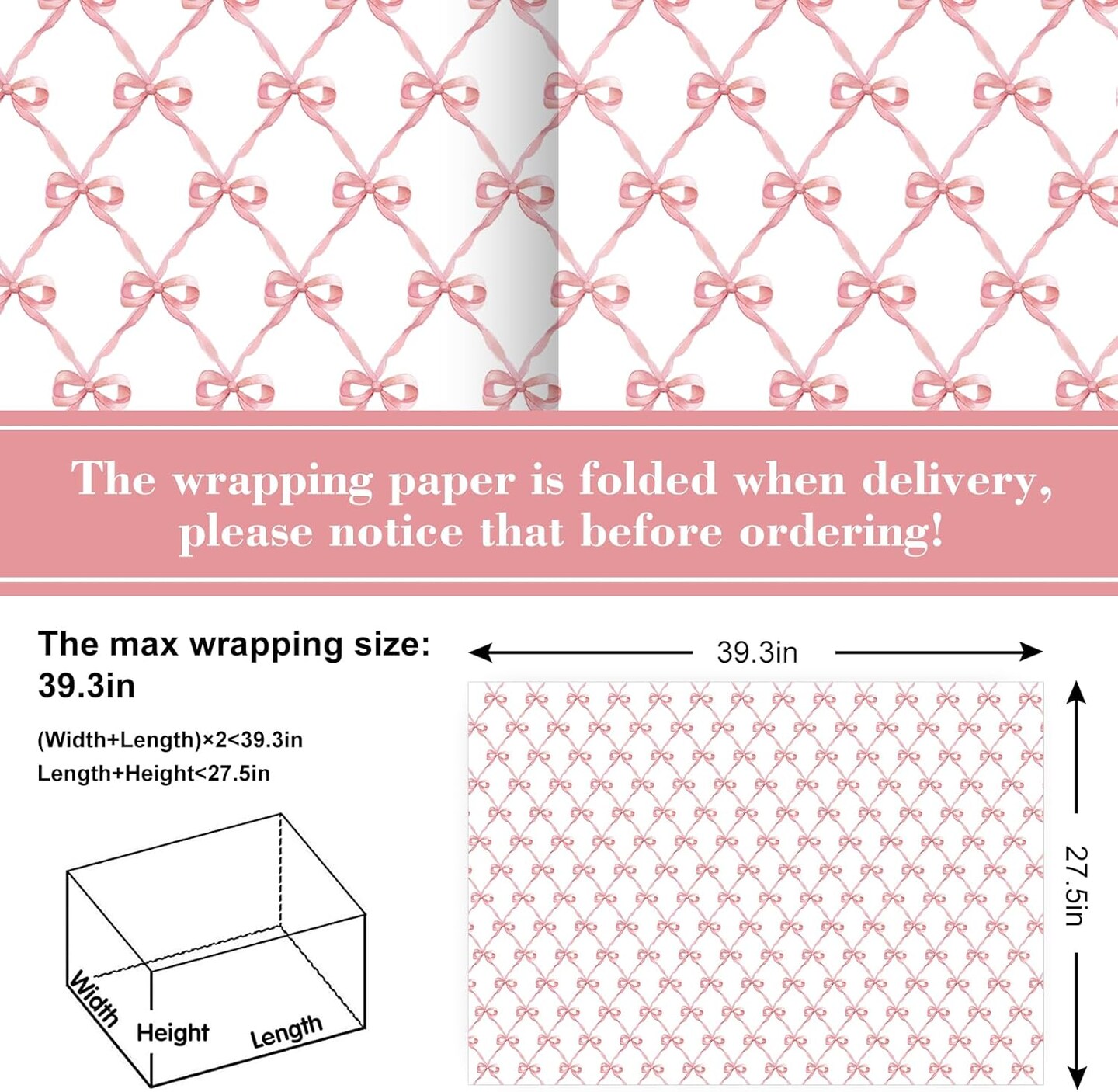 6 Sheets Pink Bow Wrapping Paper -Not Roll- Gift Wrap Paper Folded Flat Large Craft Paper for Birthday Baby Shower Party Supplies, 27.6 x 39.4 Inch