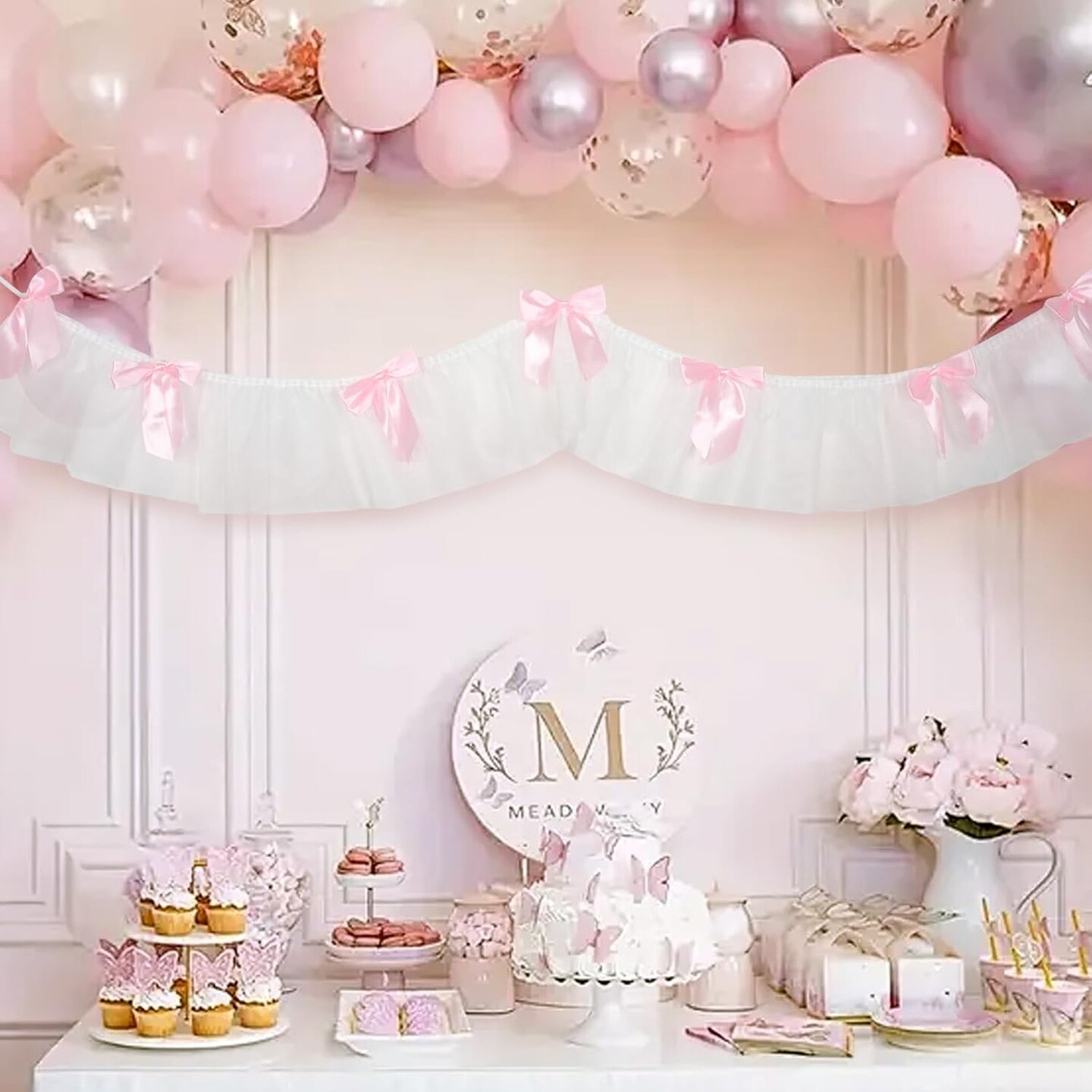 Bow Garland Banner, Pink Bow Birthday Party Decorations, 5.1ft Lace and Satin Ribbon Bows Hanging Banner with 7 Bows for Coquette Birthday Bachelorette Party Wedding Engagement Decor