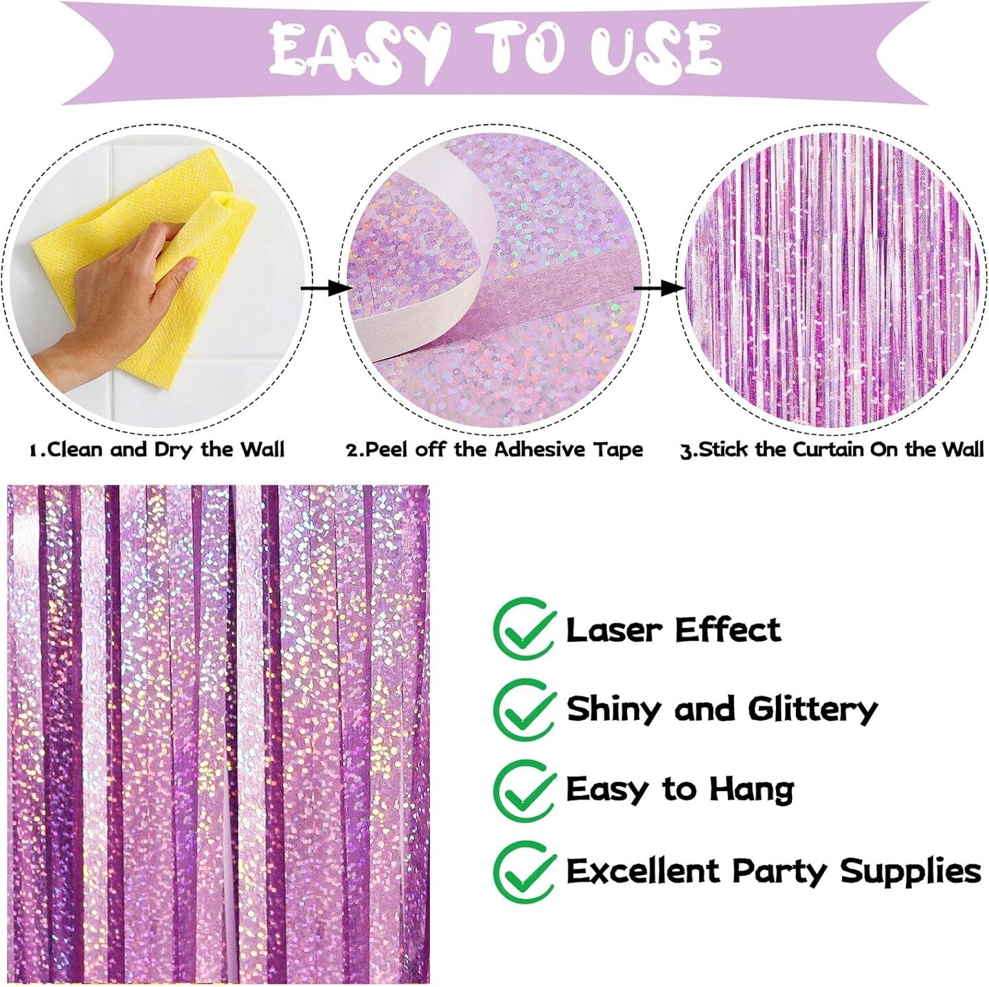 Light Purple Fringe Curtain Backdrop, 2 Pack Tinsel Foil Fringe Curtains Party Decorations Streamers, Xmas Light Purple Metallic Glitter Backdrop for Birthday Wedding Bridal Shower Photo Booth