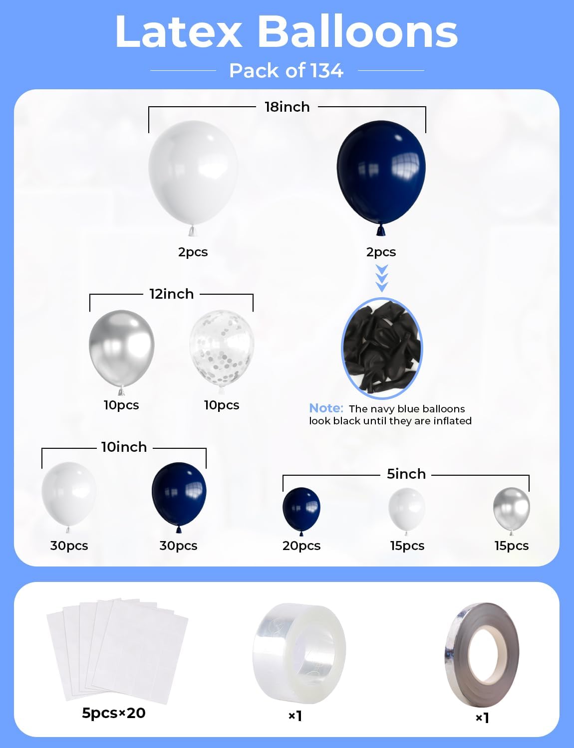 Navy Blue and Silver Balloons Garland Arch Kit,134 Pcs 18/12/10/5 Inch White Navy Blue and Silver Balloons with Confetti Latex Balloons, for Birthday Baby Shower Wedding Graduation Party Decorations