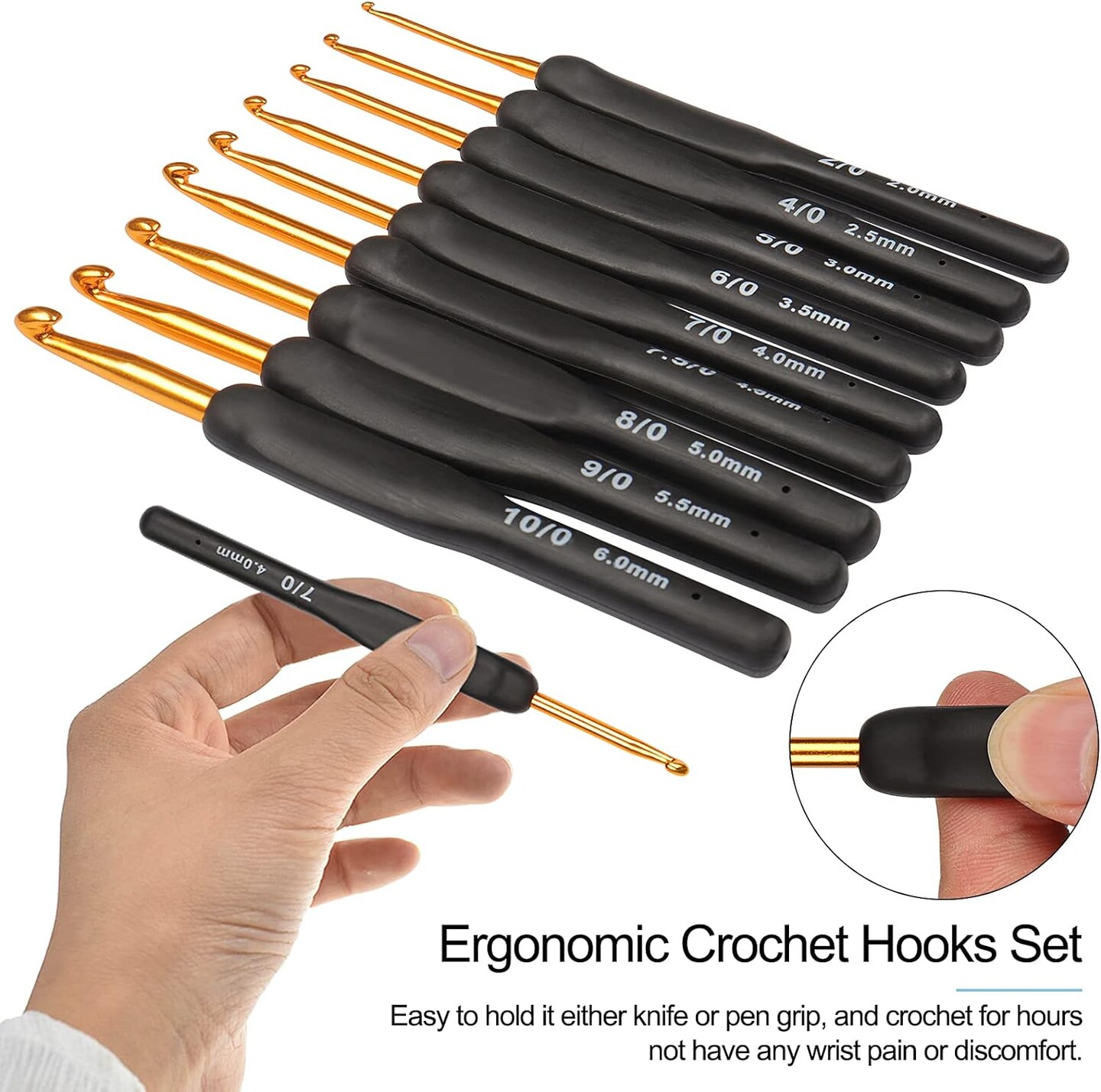 Black Gold Crochet Hooks Needles for Arthritic Hands, 2.0-6.0mm Crochet Hook Set Ergonomic Soft Grips Knitting Hook for Crochet Yarn Craft, Aluminum Knitting Crochet Supplies Kit