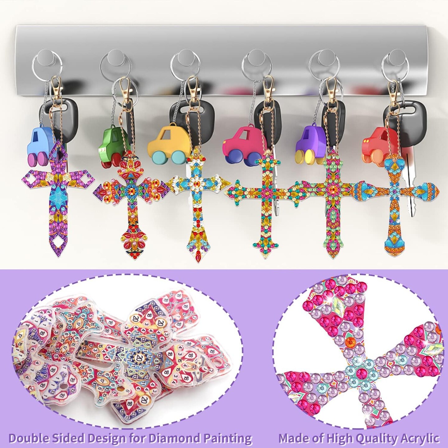 8 Pcs Diamond Painting Keychains Double Sided Cross Shaped Rhinestone Painting Art Gem Key Rings DIY Glittering Ornament Pendant for Beginners Adults Kids Art Craft Supplies Gift (Cross B)