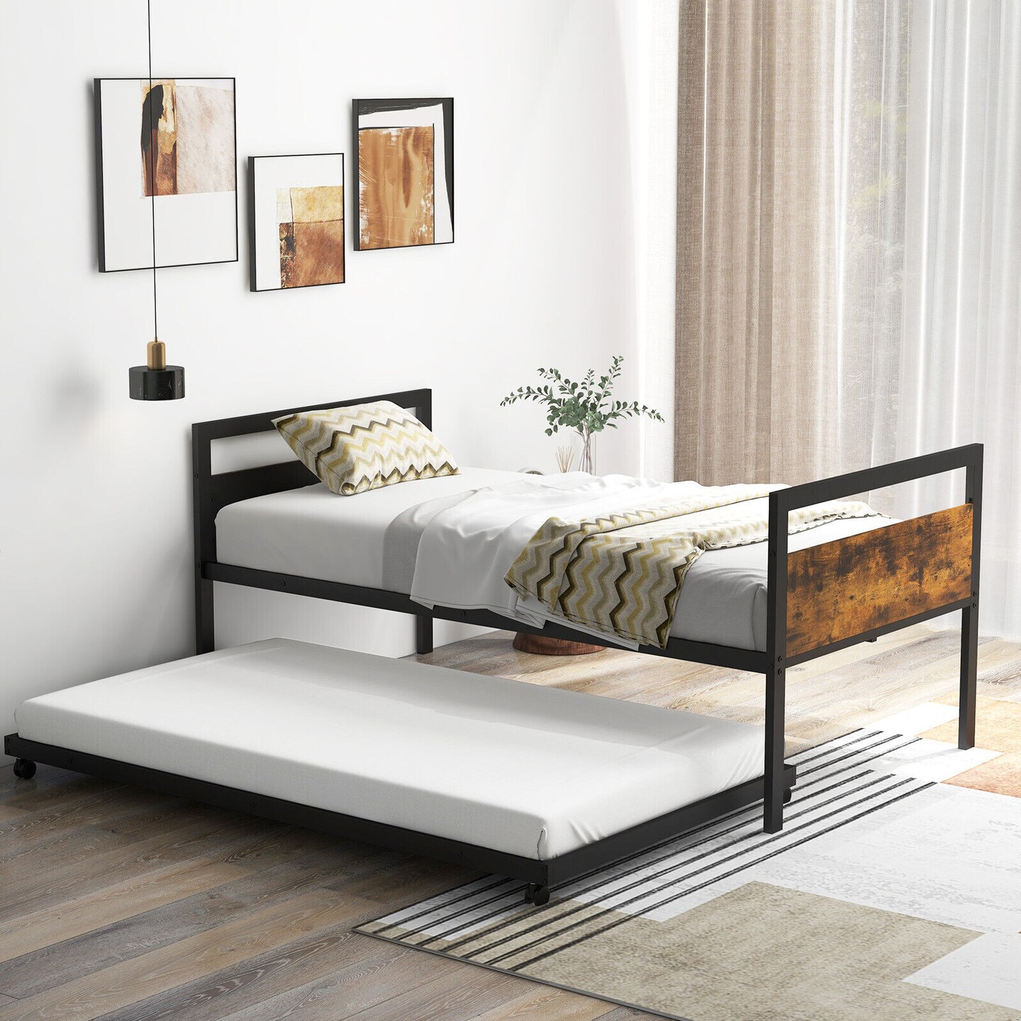 Metal Twin Metal Daybed with Trundle, Space-Saving and Industrial Style