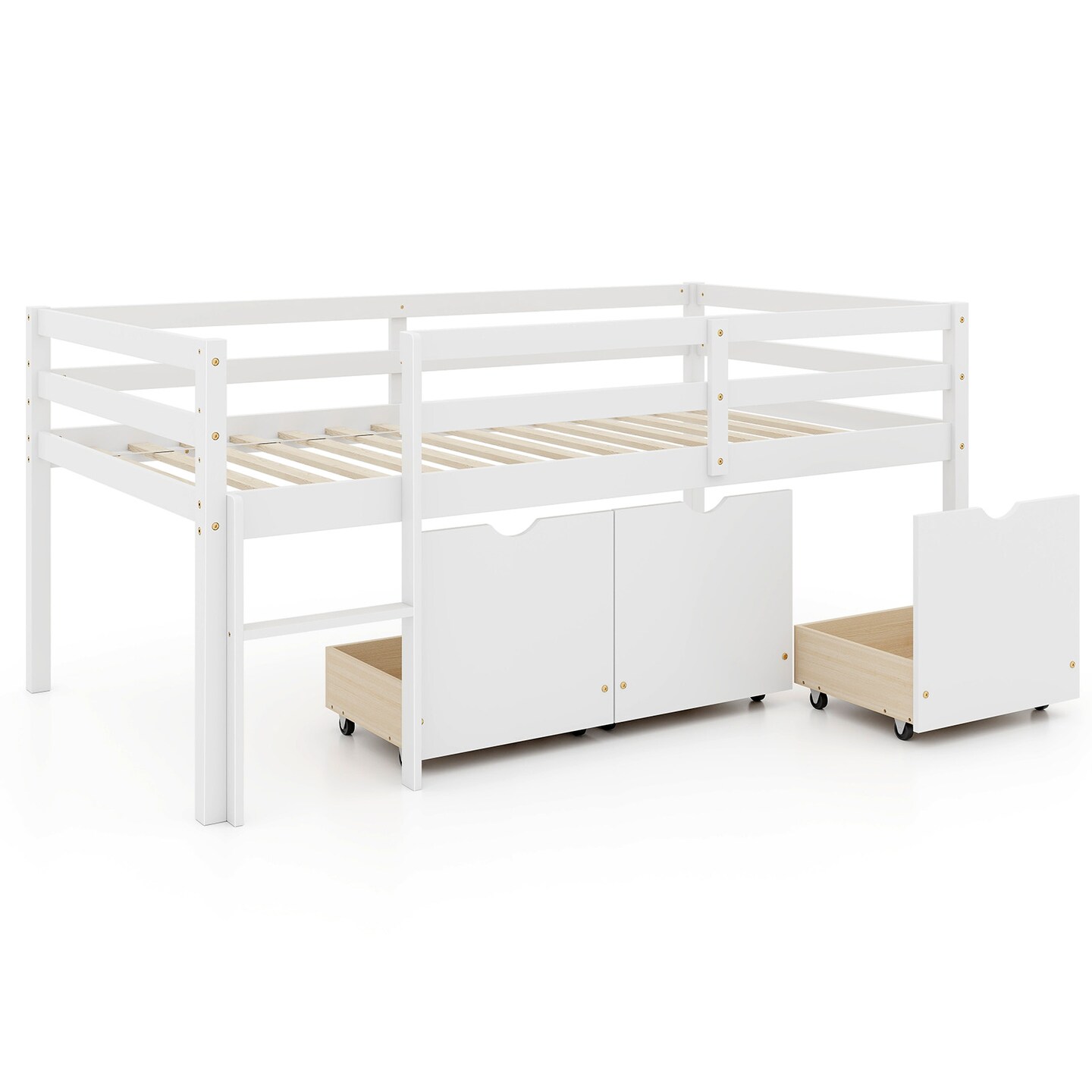 Twin Size Low Loft Bed with 3 Storage Drawers Ladder and Guardrails