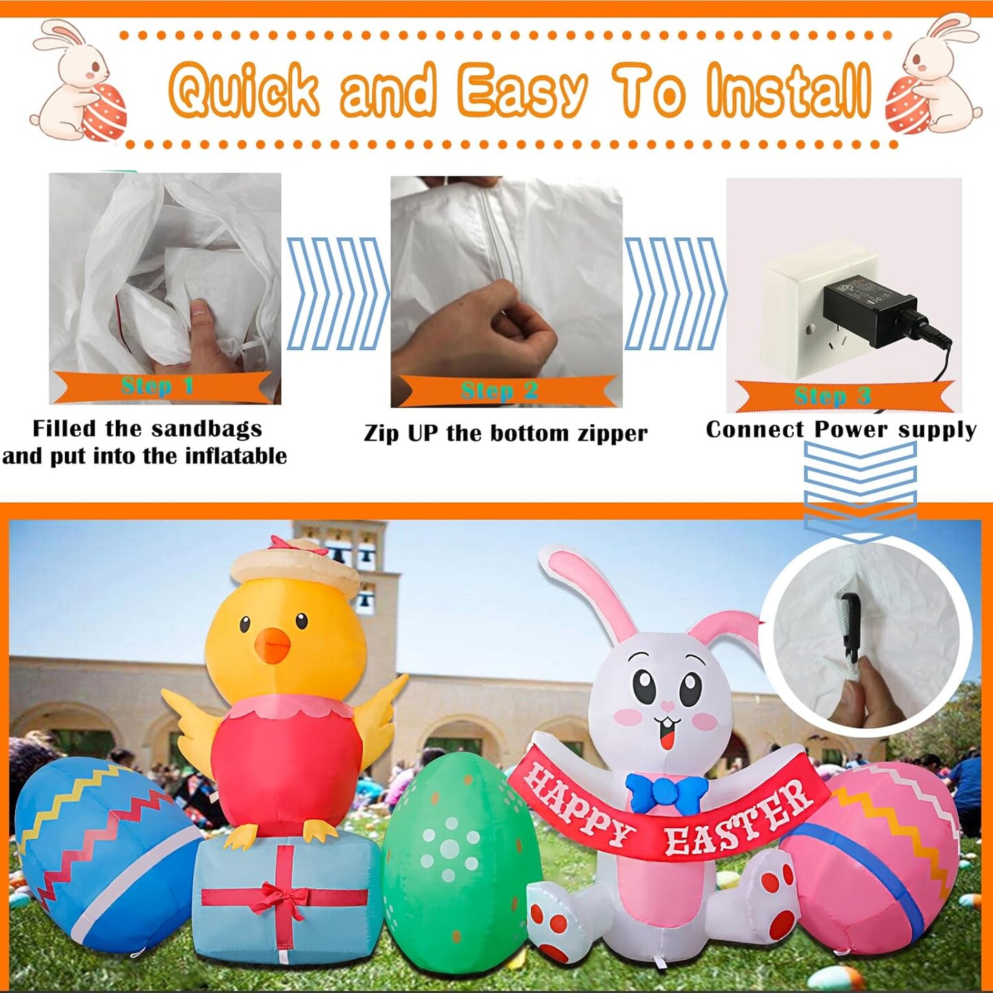 3FT Width Inflatables Easter Rabbit and Chick Outdoor Decor, Happy Easter Bunny and 3 Colorful Eggs Build-in 6 LEDs Decoration Blow Up,for Easter Holiday PartyYard/Garden/Outdoor