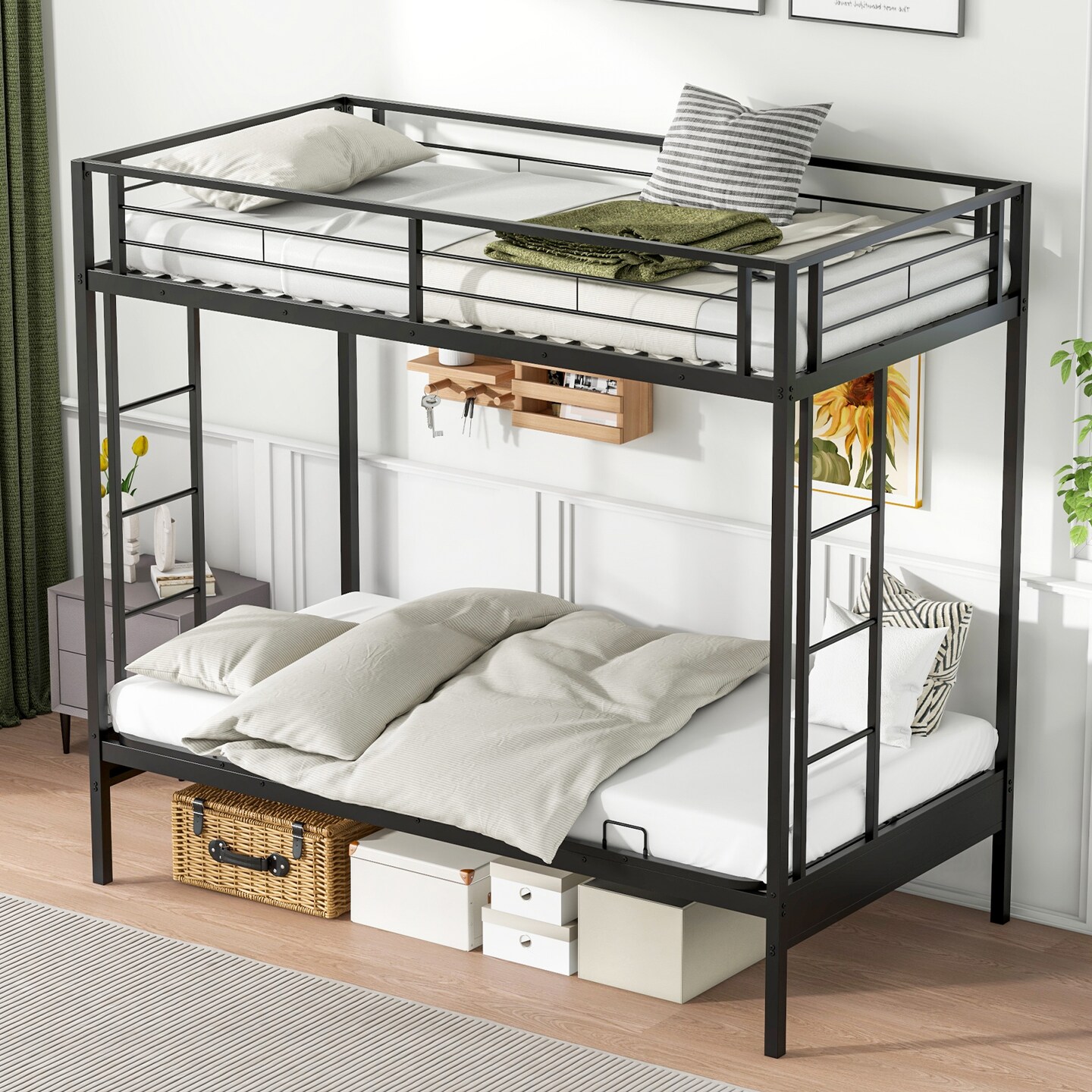 Black Metal Twin Over Futon Bunk Bed with 2 Ladders, Guardrails and Under-Bed Storage