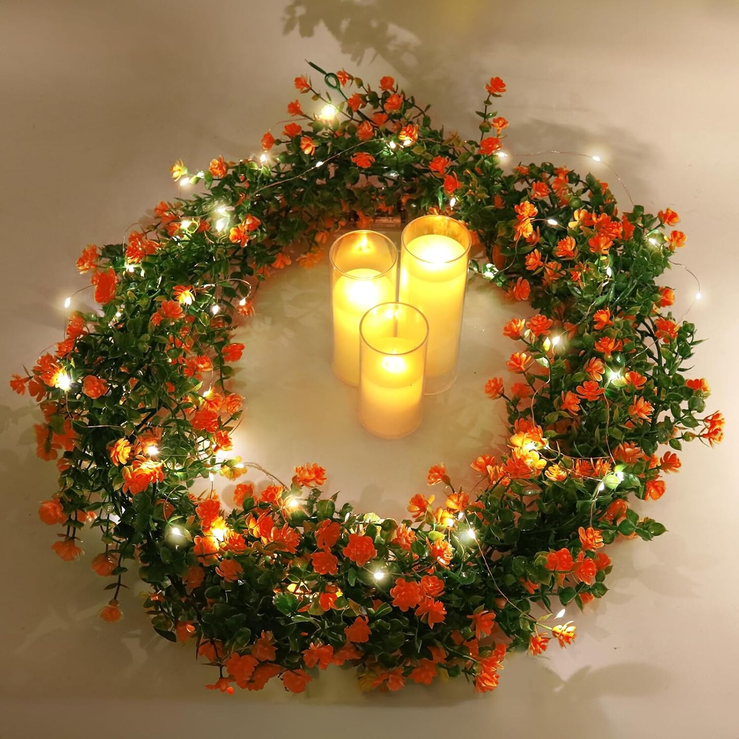 Faux Spring Eucalyptus Garland Artificial Hanging Vines Wedding Greenery Garland with Lights Faux Plants Indoor Flower Vine for Wall Fireplace Table Porch Door Decoration