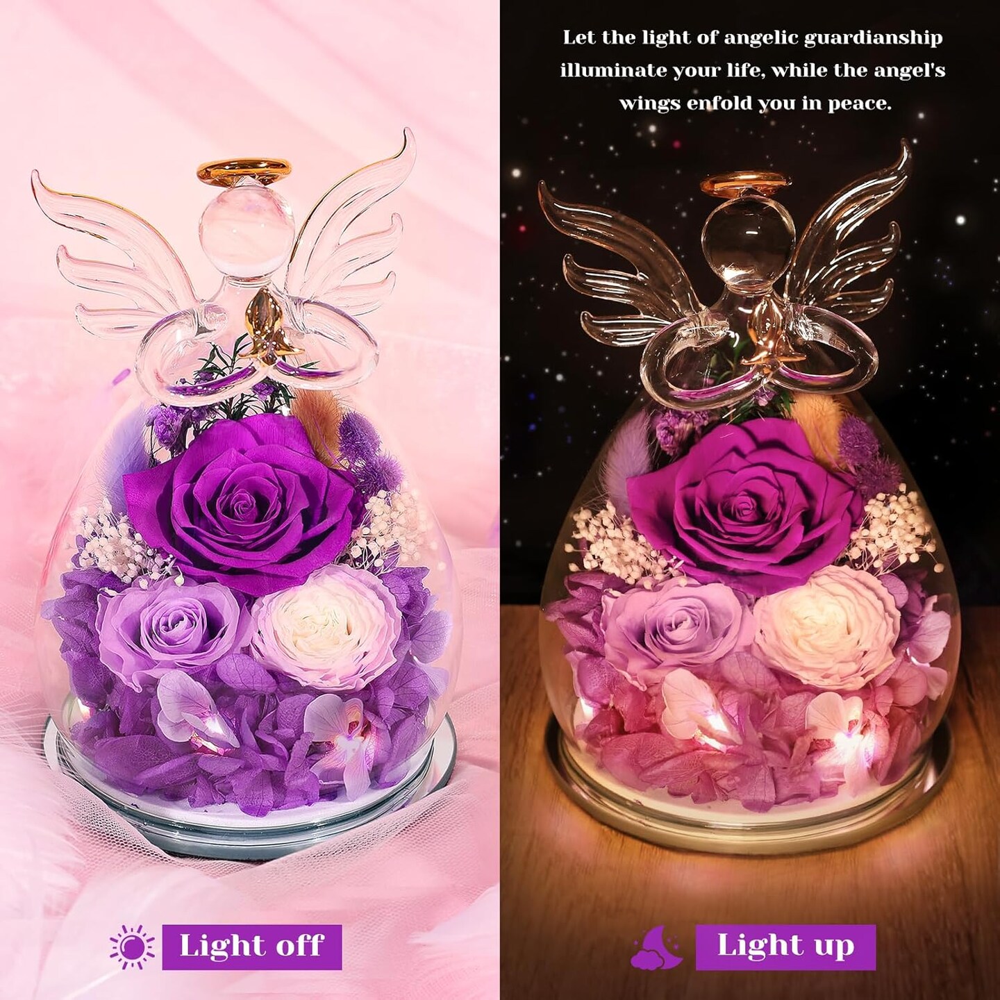 Gifts for Women Preserved Rose Forever Flower in Glass Angel Figurines Fresh Flowers for Delivery Prime Mothers Day Birthday Gifts for Mom Real Purple Roses for Grandma Sister Wife Her Daughter