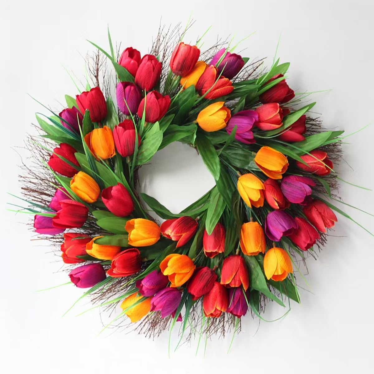 Tulip Wreath for Front Door, 18 Inch Spring Red Tulip Flower Wreath with Green Leaves Wreaths for All Seasons Window Wall Wedding Holiday Party Farmhouse Decorations Indoor Outdoor