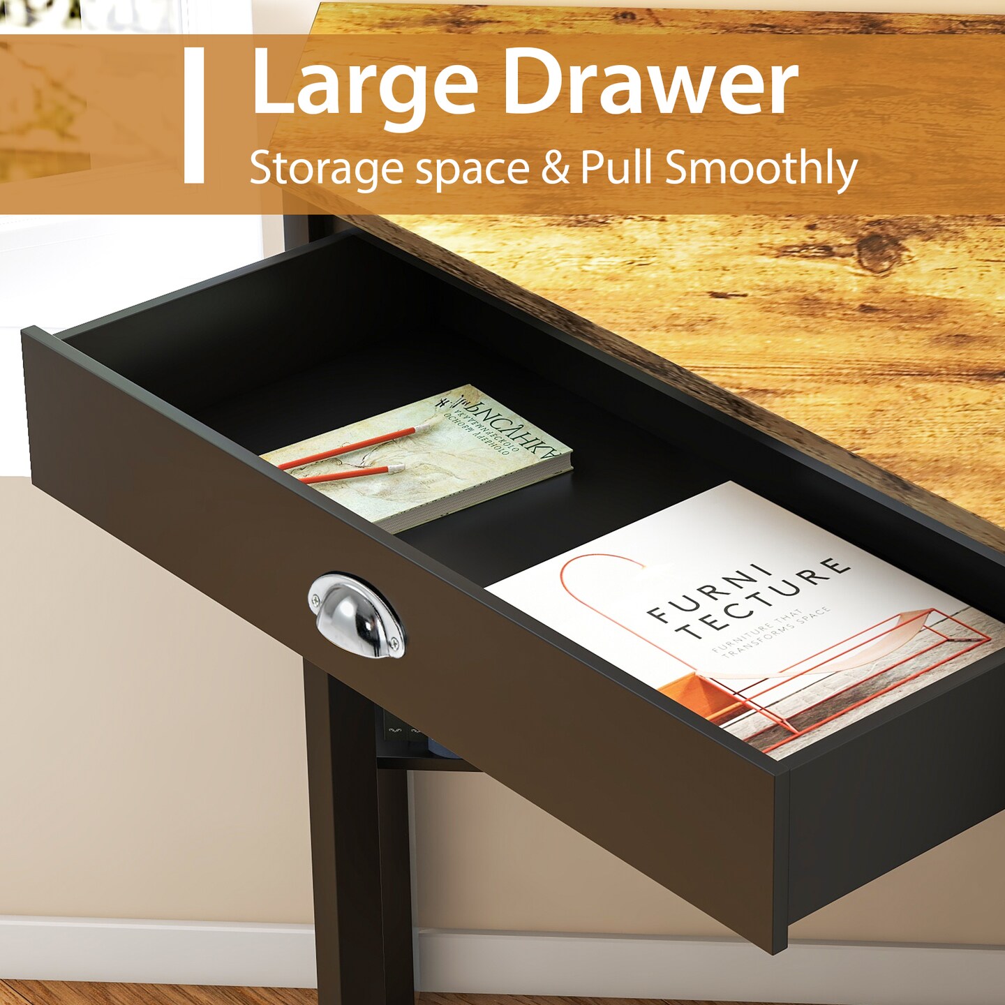 Wooden Corner Computer Desk with Big Storage Drawer and Two Open Shelves