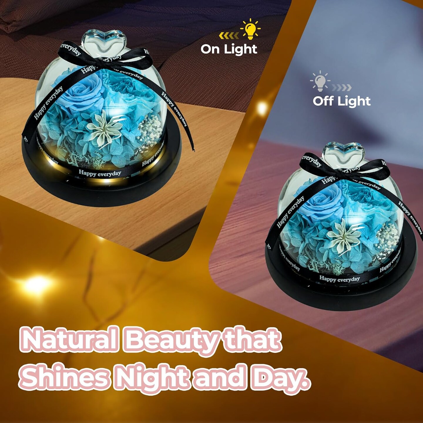 Eternal Rose in Rotating LED Glass Dome - Real Preserved Roses with 6 LED Lights, Battery Operated Valentine&#x27;s for Women - Home D&#xE9;cor &#x26; Anniversary Present&#xFF08;Blue&#xFF09;