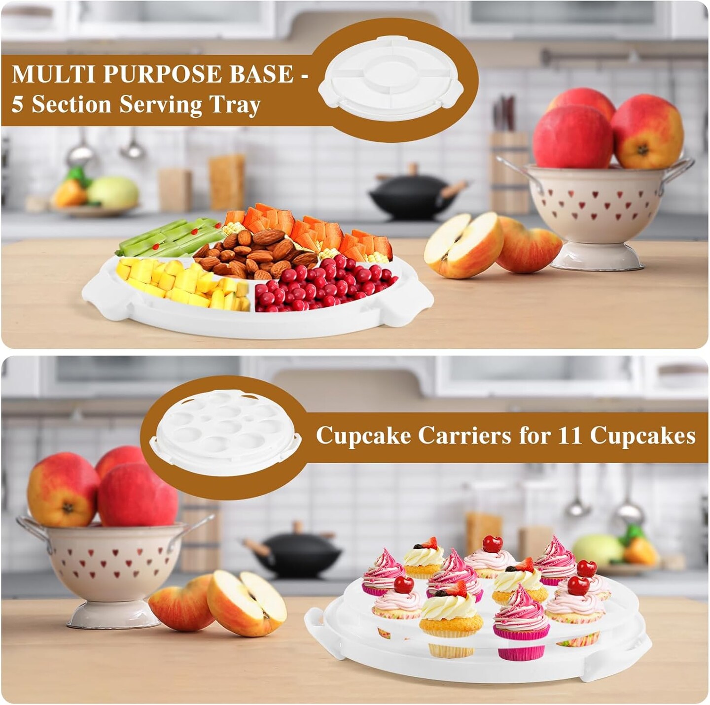 Cake Carrier with Lid and Handle, Multipurpose Cake Stand Fits 10 inch Cake, Cupcake Containers for 11 Cupcakes&#xFF0C;Cake Holder Serves as Five Section Serving Tray, Portable Cake Carriers, White