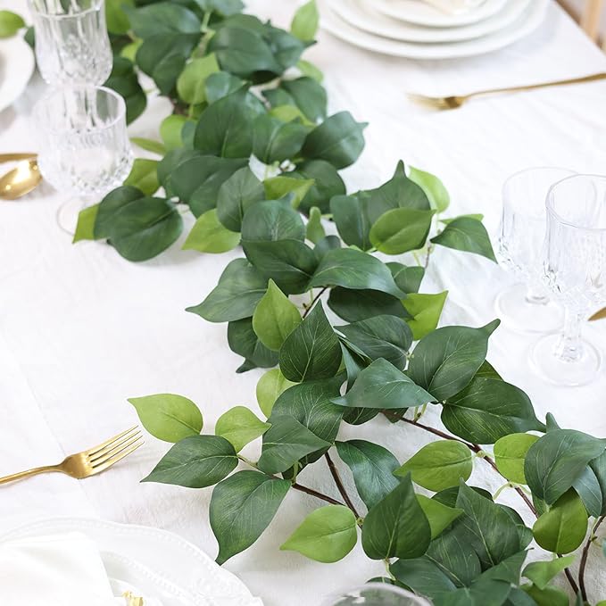 2 Strands Artificial Scindaps Vines Garland 73" Fake Vine with Silk Green Leaves Faux Hanging Plants Greenery Decoration for Bedroom Wall Party Wedding Apartment Room Decor (Scindapsus)