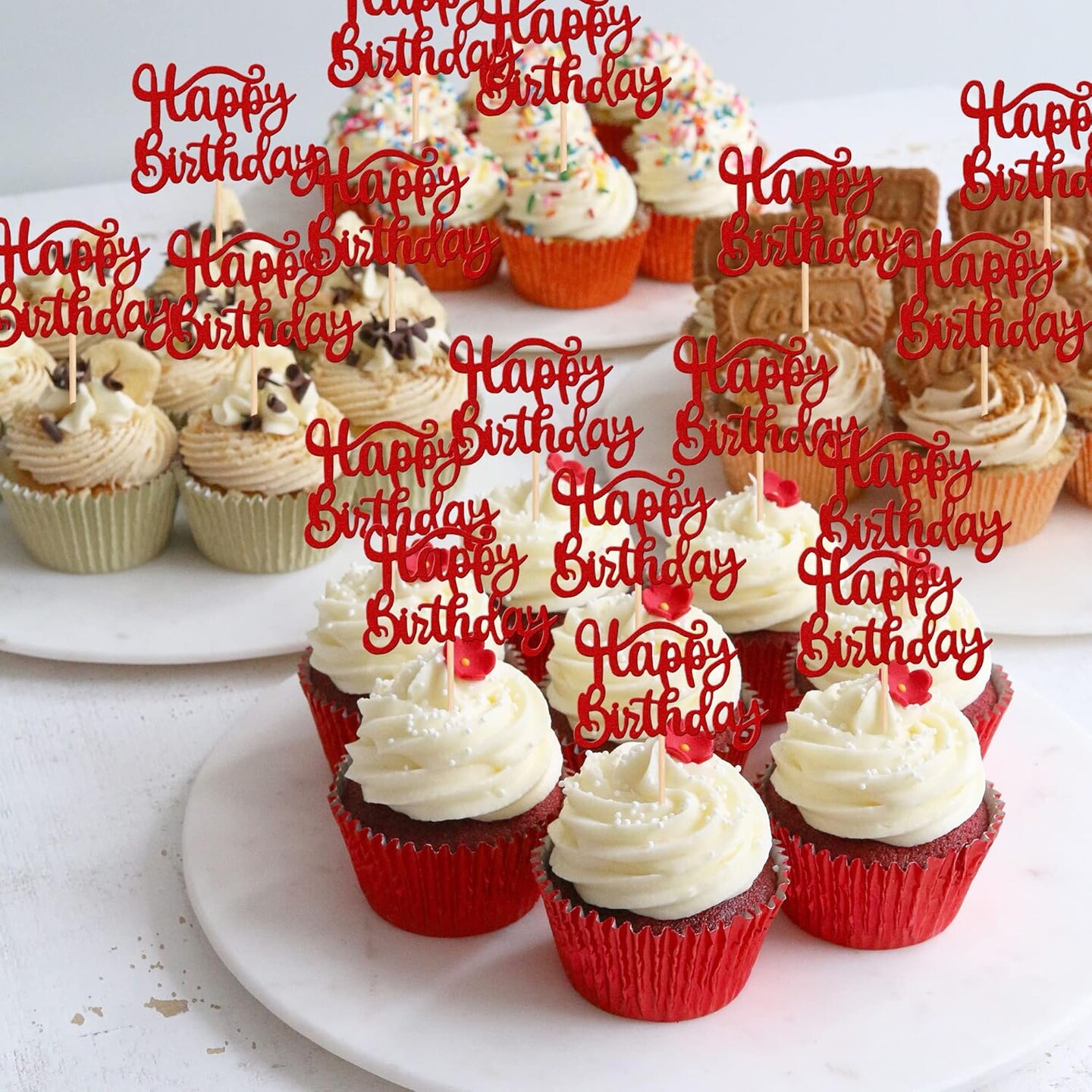 36PCS Happy Birthday Cupcake Toppers – Red Glitter Picks, 2.6"x3.9" for Party Cakes