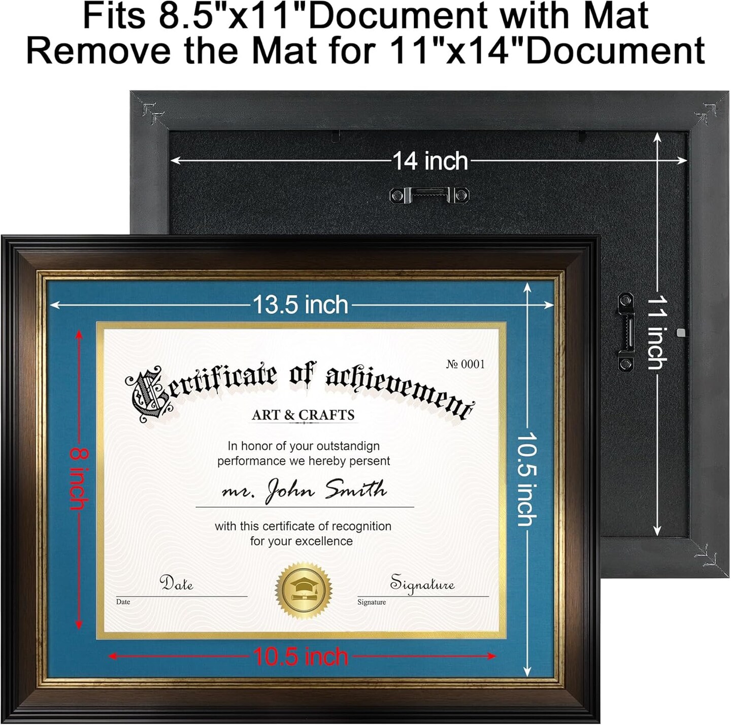 11x14 Diploma Frame with Mat for 8.5x11 Certificate, Document Frame with Navy Over Gold Acid-free Mats &#x26; Tempered Glass, Tabletop or Wall Mount, 2 Pack, Walnut/Blue