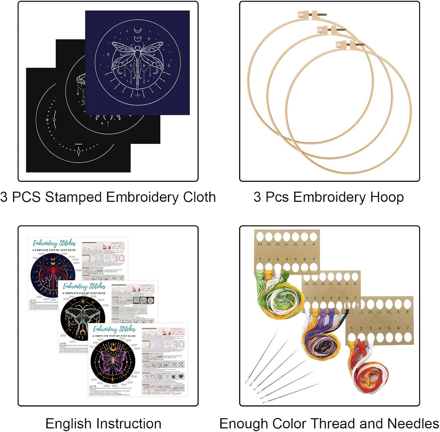 3 Set Tarot Embroidery Kits for Beginners with Moon Butterfly Dragonfly and Moth Pattern,Adults Starter Cross Stitch Kit