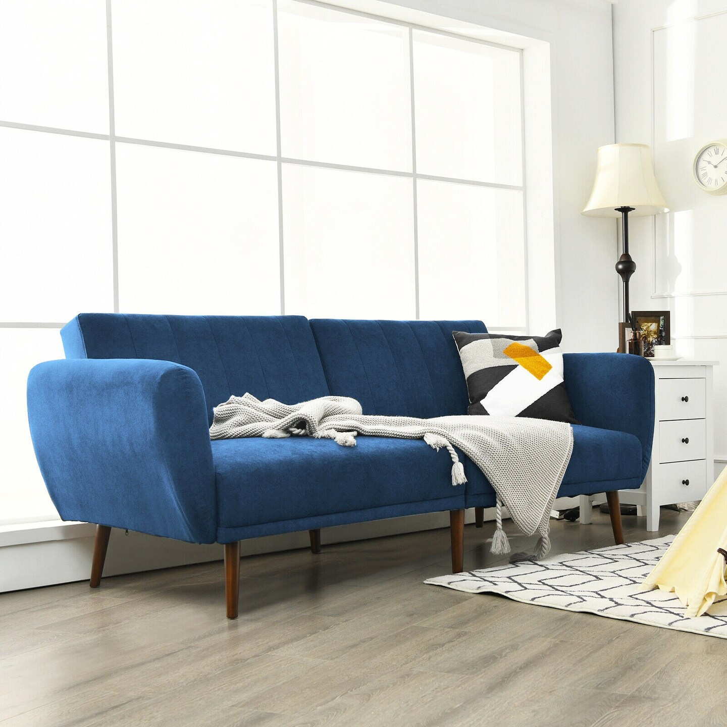 Convertible Futon Sofa Bed Adjustable Couch Sleeper with Wood Legs-Navy