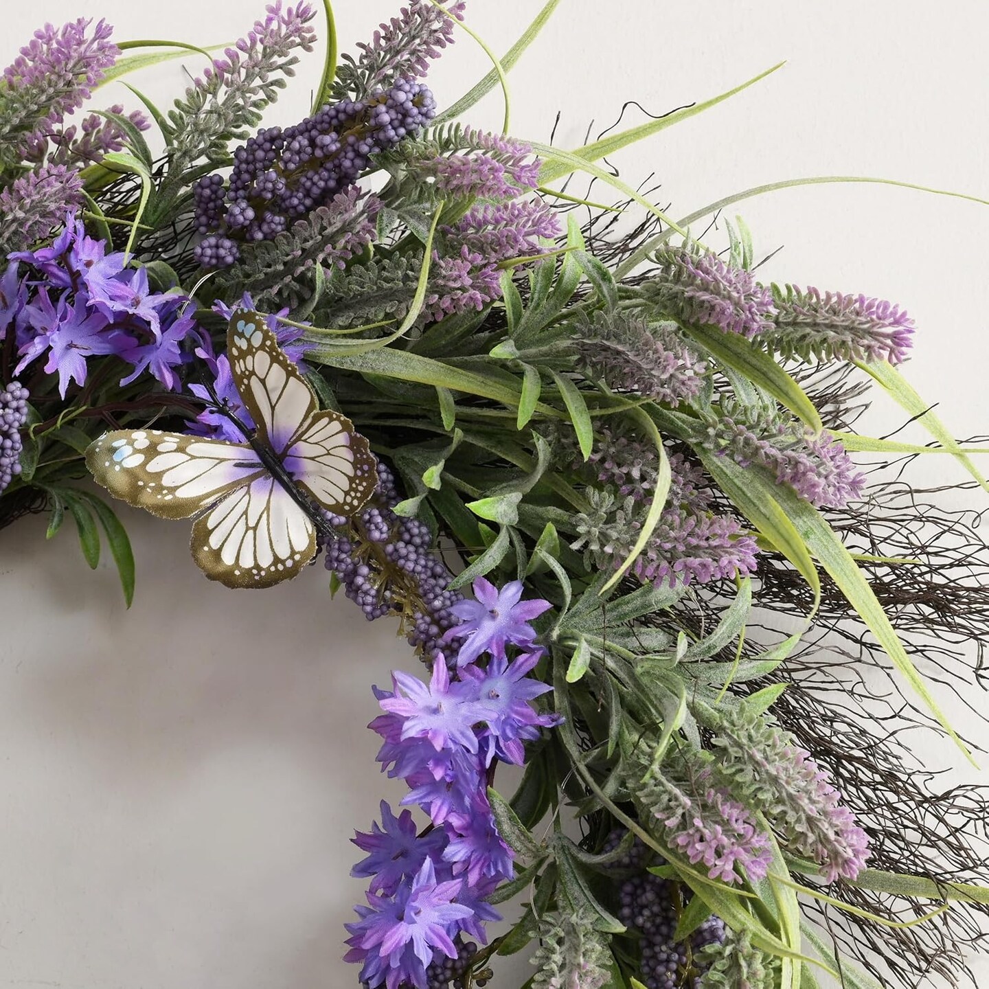 Spring Lavender Wreaths for Front Door with Lights, Artificial Spring Floral Wreath with Purple Bellflower Berries Butterfly for Wall Home Farmhouse Wedding Decor, Gifts for Mom-18''