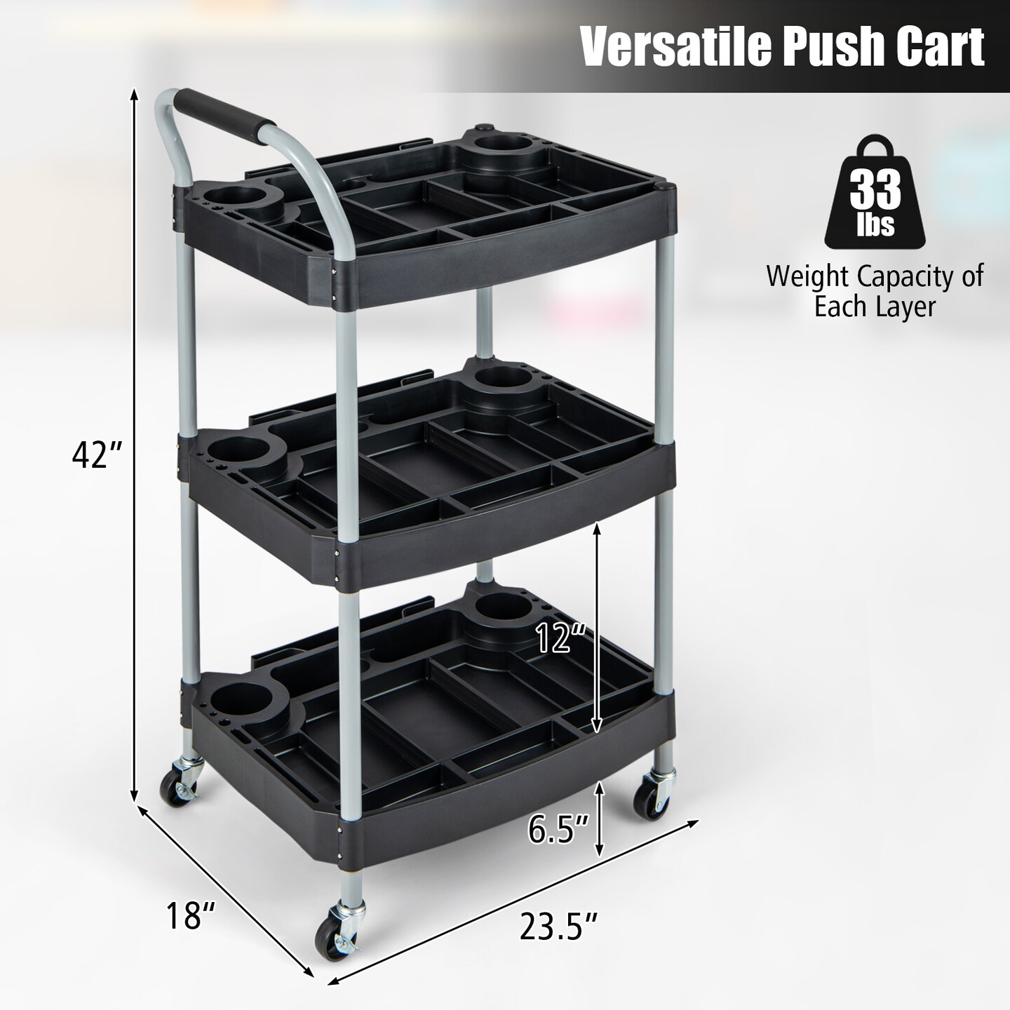Black 3 Layer Detailing Tool Rolling Utility Cart with Multiple Divider and Bottle Holder