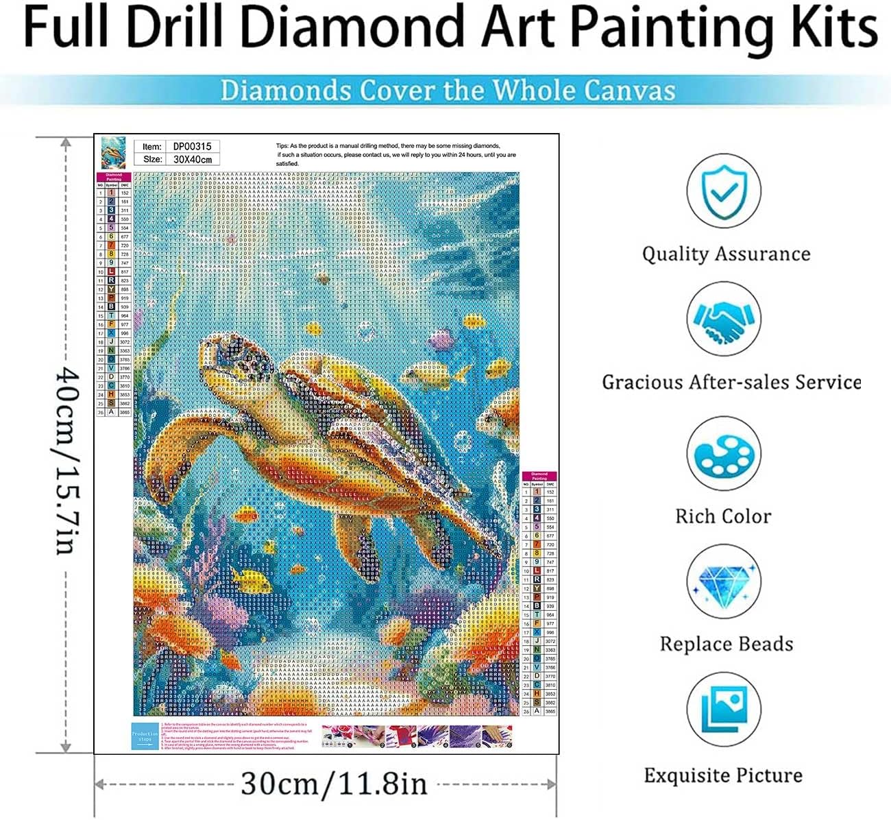 Diamond Art Kits for Adults,Diamond Painting Kits Sea Turtle Diamond Art Kits 5D Diamond Painting Kits for Adults DIY Full Round Drill Carton Diamond Art Pictures for Home Wall Decor 12x16 inch