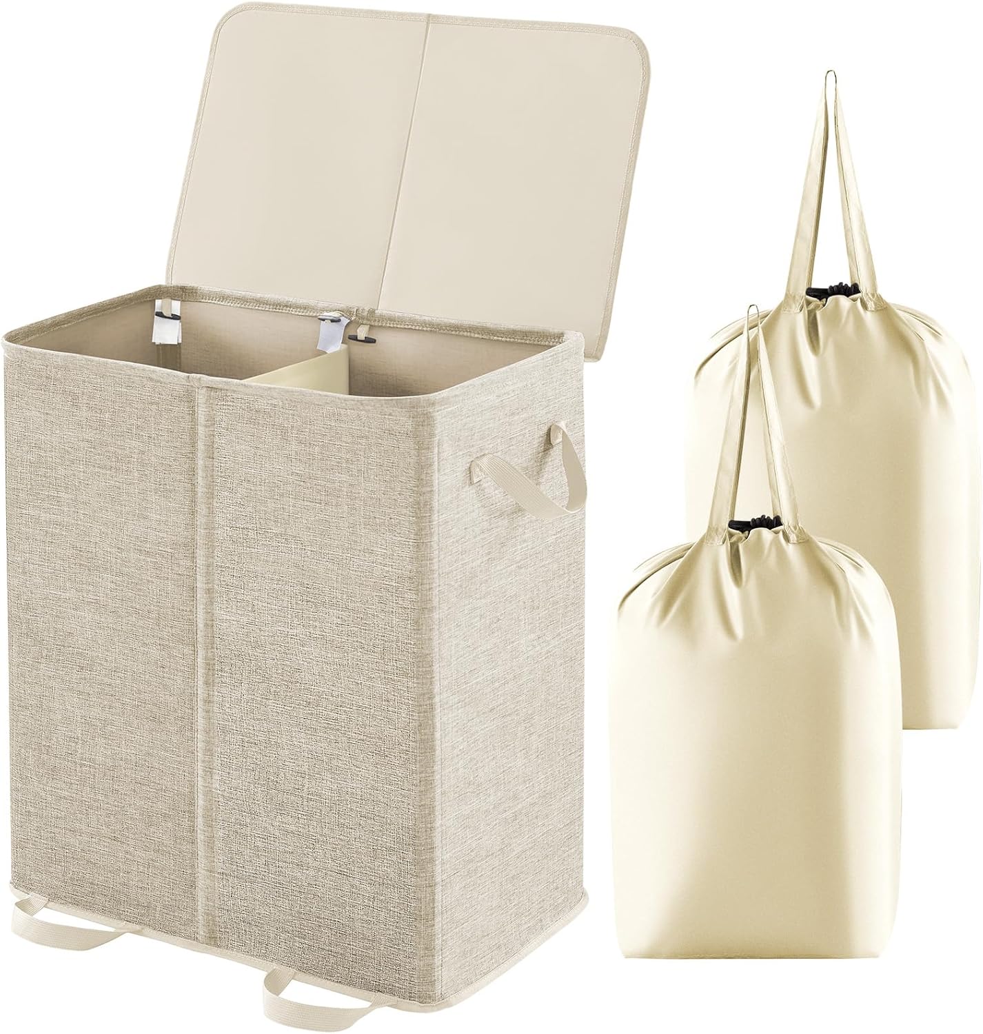 Double Laundry Hamper with Lid and Removable Laundry Bags, Large Collapsible 2 Dividers Dirty Clothes Basket with Handles