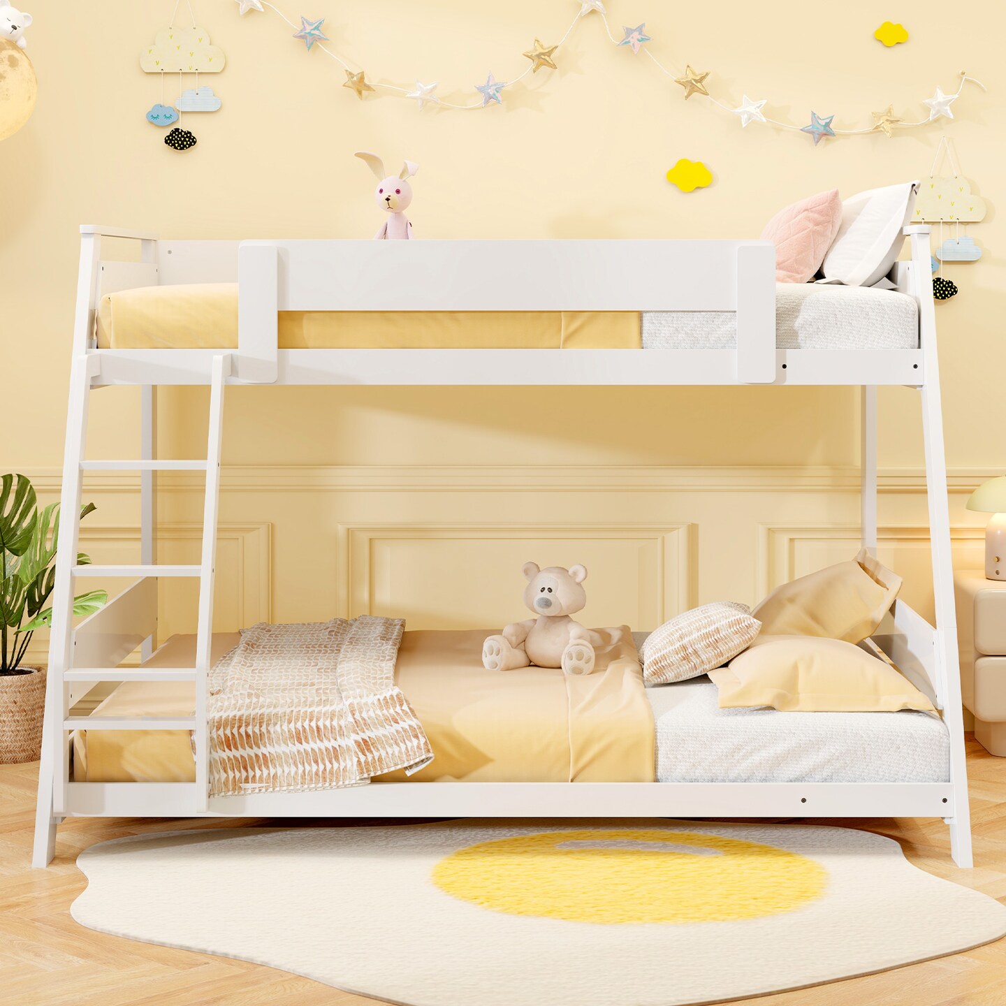 Solid Wood Twin Over Full Low Bunk Bed, Convertible, Sturdy and Safe Design
