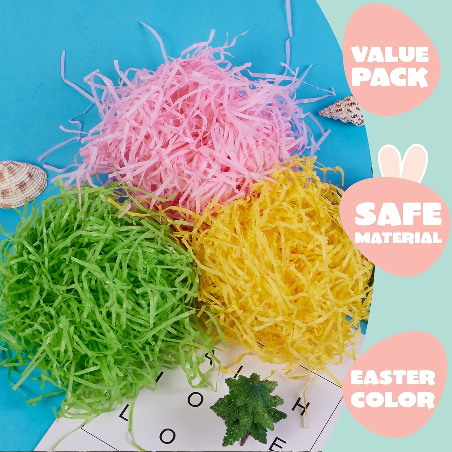 36 oz Easter Grass in Green, Pink, and Yellow for Baskets, Gift Wrapping, Egg Hunts, and Party Favors.