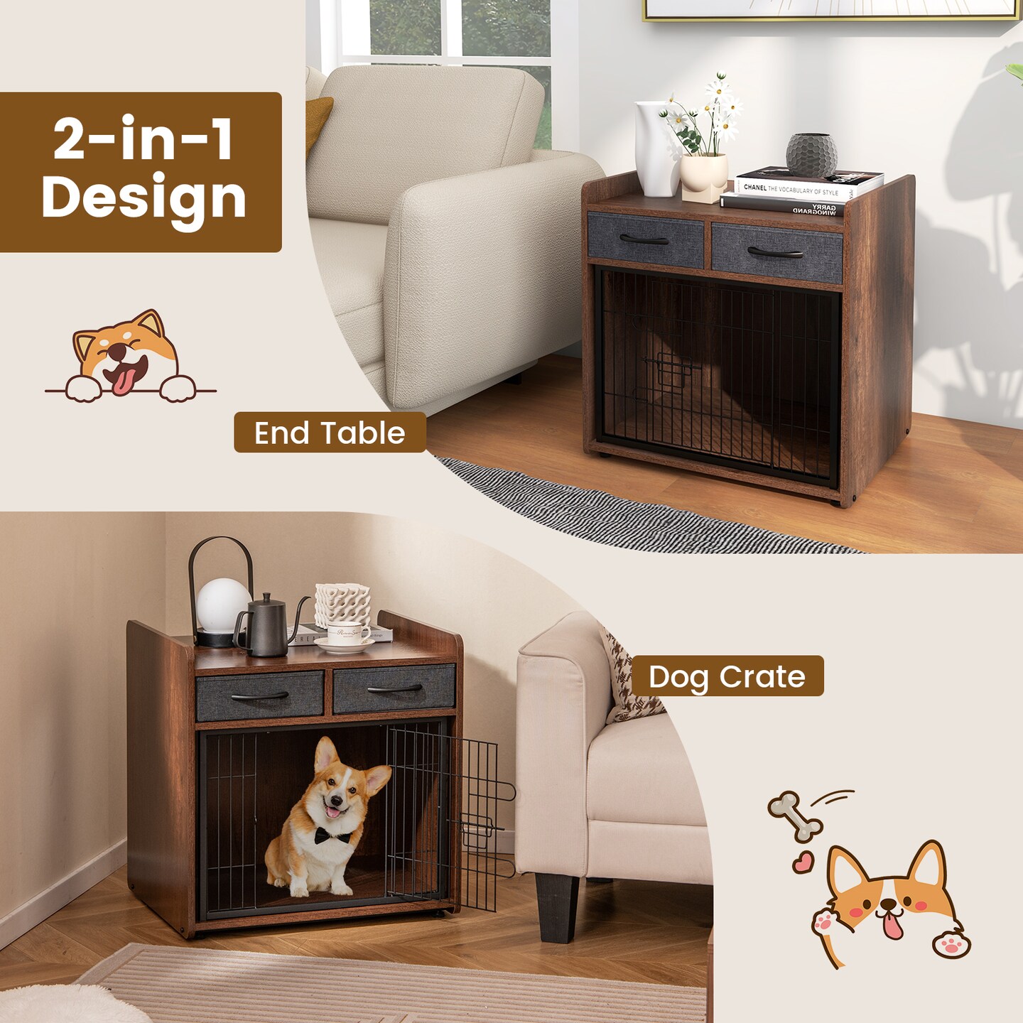 Brown Dog Crate Cage End Table with 2 Fabric Drawers Ideal for Small or Medium Pets