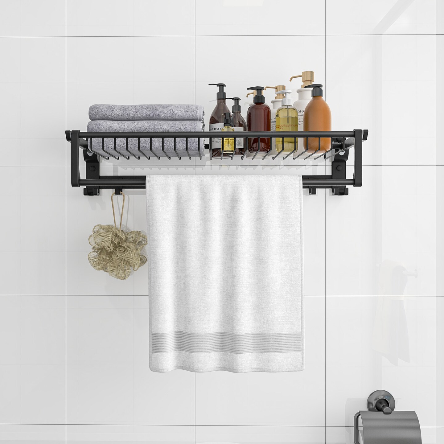 Foldable Space Aluminum Wall Towel Rack with Hooks &#x26; Shelf &#x2013; Black