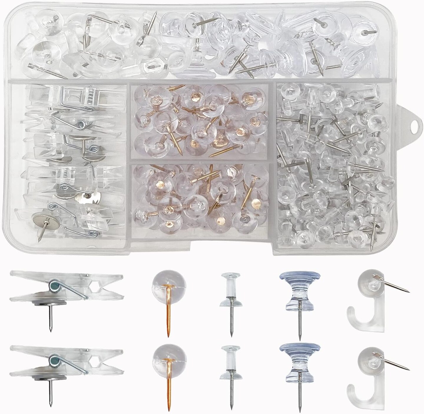 Clear Push Pins Set,200PCs Push Pins Clips Transparent Thumb Tacks Push Pins Hooks Decorative for Cork Board Wall Map Bulletin Boards(5 Styles,Clear)
