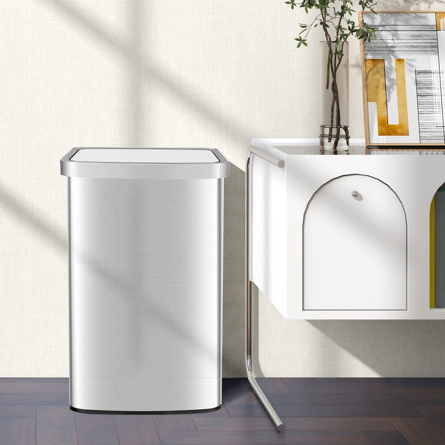 13-Gallon Stainless Steel Motion Sensor Trash Can with Lid &#x2013; Silver
