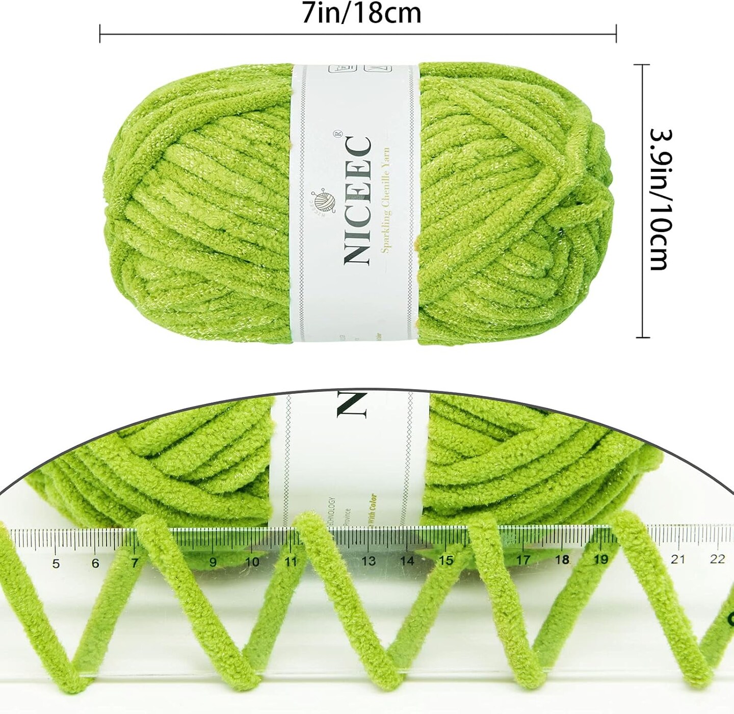 3 Skeins Sparkling Chenille Yarn Soft Yarn for Crochet Knitting Blanket Yarn DIY Craft Yarn for Blanket-Total Length 3&#xD7;50m(3&#xD7;55yds/3.53oz&#xD7;3)- Spring Green